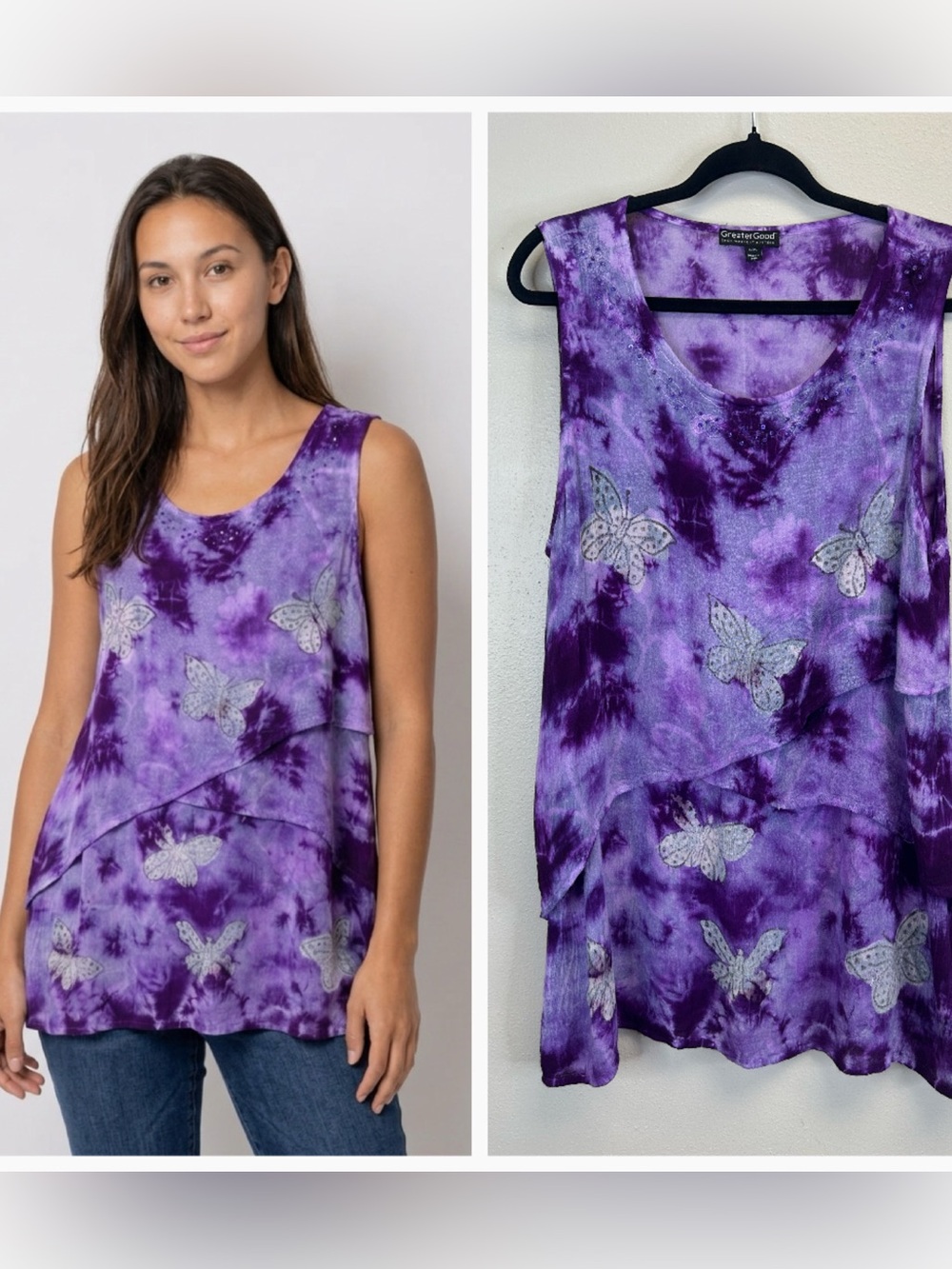 Purple Tie-Dye Butterfly Layered TunicTank Top Hippie Nature‎ Festival Size L/XL